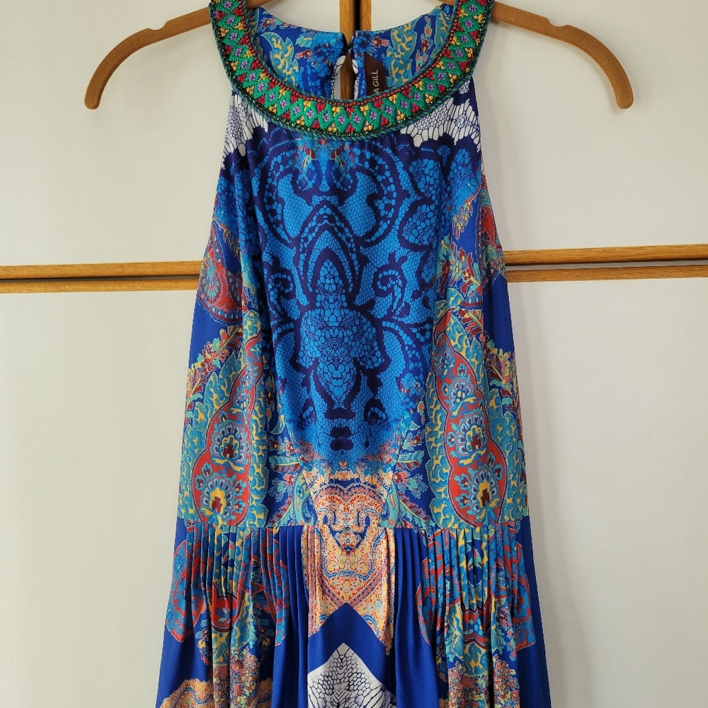 Ranna Gill Boteh Maxi Dress 6 Pleated Embroidered Rhinestone Multicolor - Picture 8 of 13